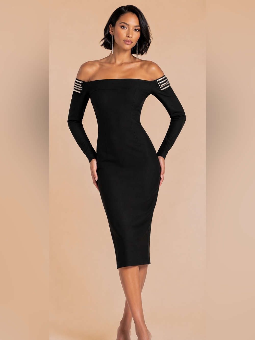 DAVID KOMA Black Embellished Detail Off Shoulder Long Sleeve Dress Size 14